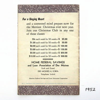 Songbook / Lead Sheet, Christmas Carols, Savings Club, Singing Girl Holding Candle, Vintage Promotional Item