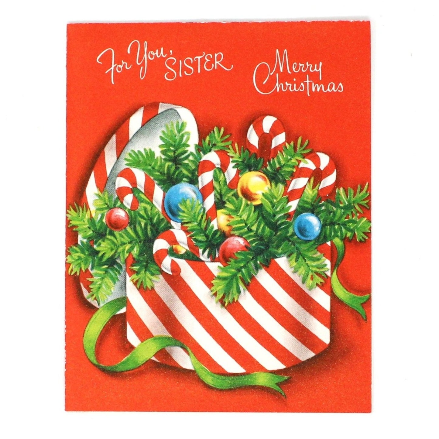 Vintage Christmas Card, 1950s Gift Box with Candy Canes & Ornaments, Stanley Greetings Unused, Ephemera