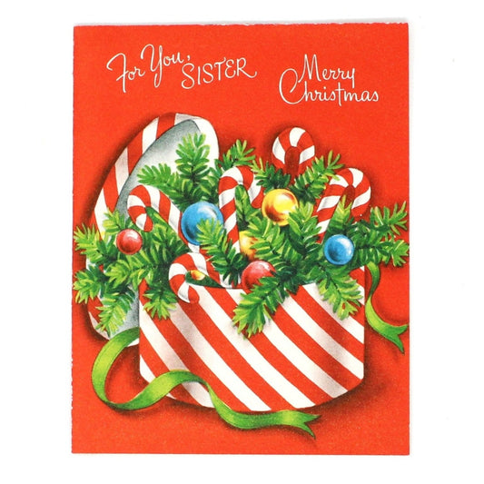 Vintage Christmas Card, 1950s Gift Box with Candy Canes & Ornaments, Stanley Greetings Unused, Ephemera