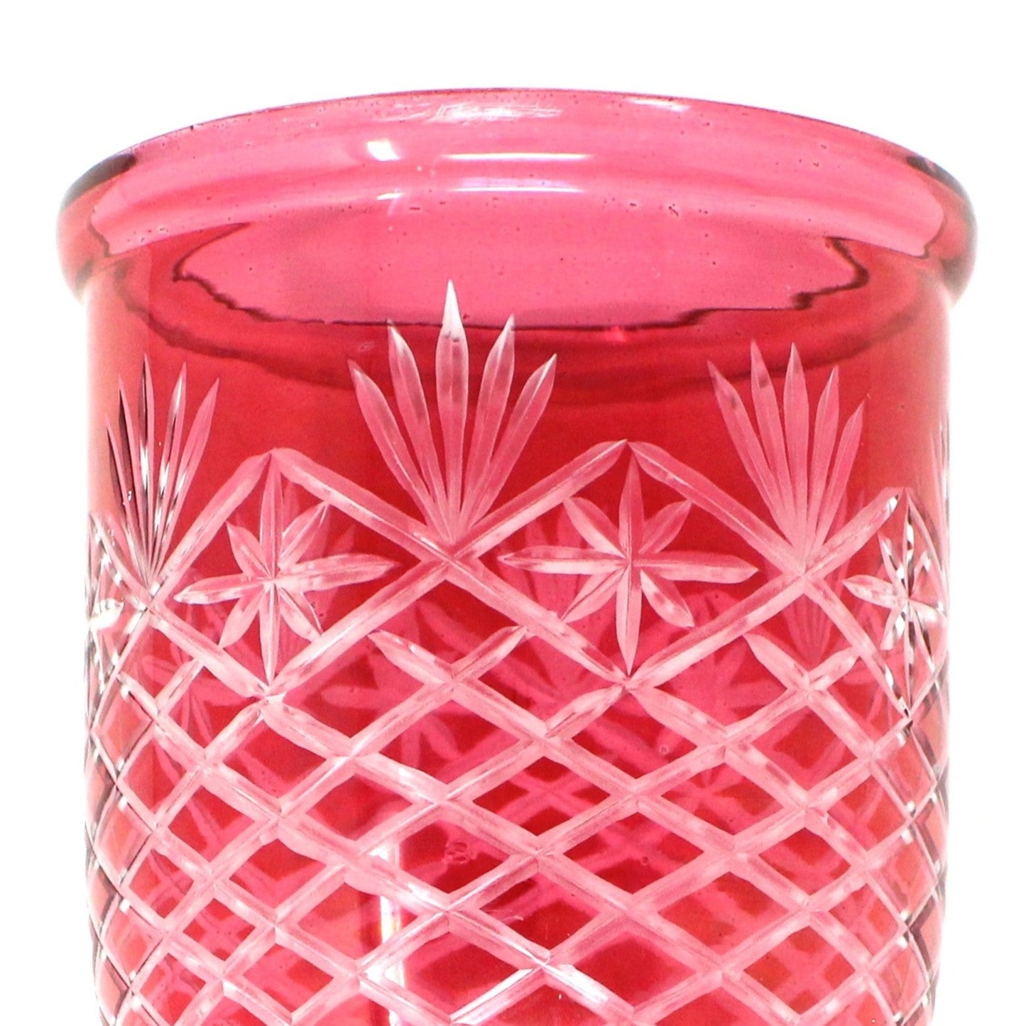 Vase, Bohemian, Ruby Red Cut To Clear Footed Hurricane Candle Holder, Vintage