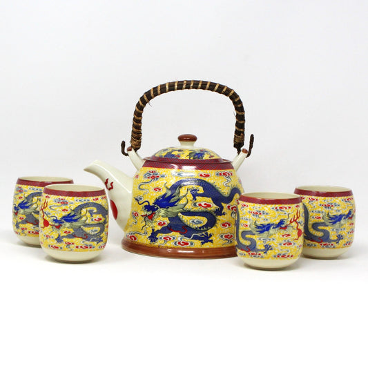 Tea Set, Teapot & 4 Teacups, Imperial Yellow with Blue Chinese Dragon, 5 Pcs