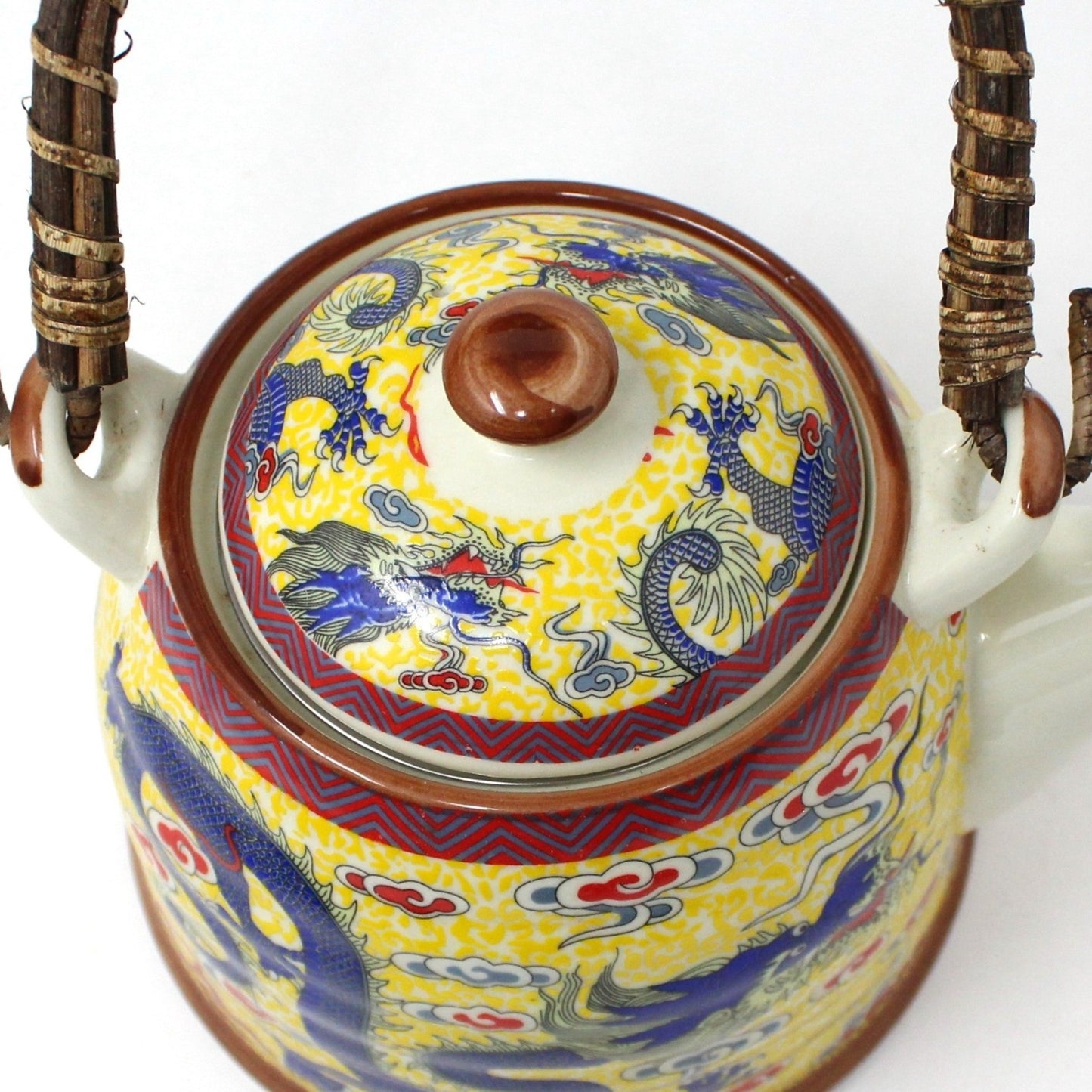 Tea Set, Teapot & 4 Teacups, Imperial Yellow with Blue Chinese Dragon, 5 Pcs