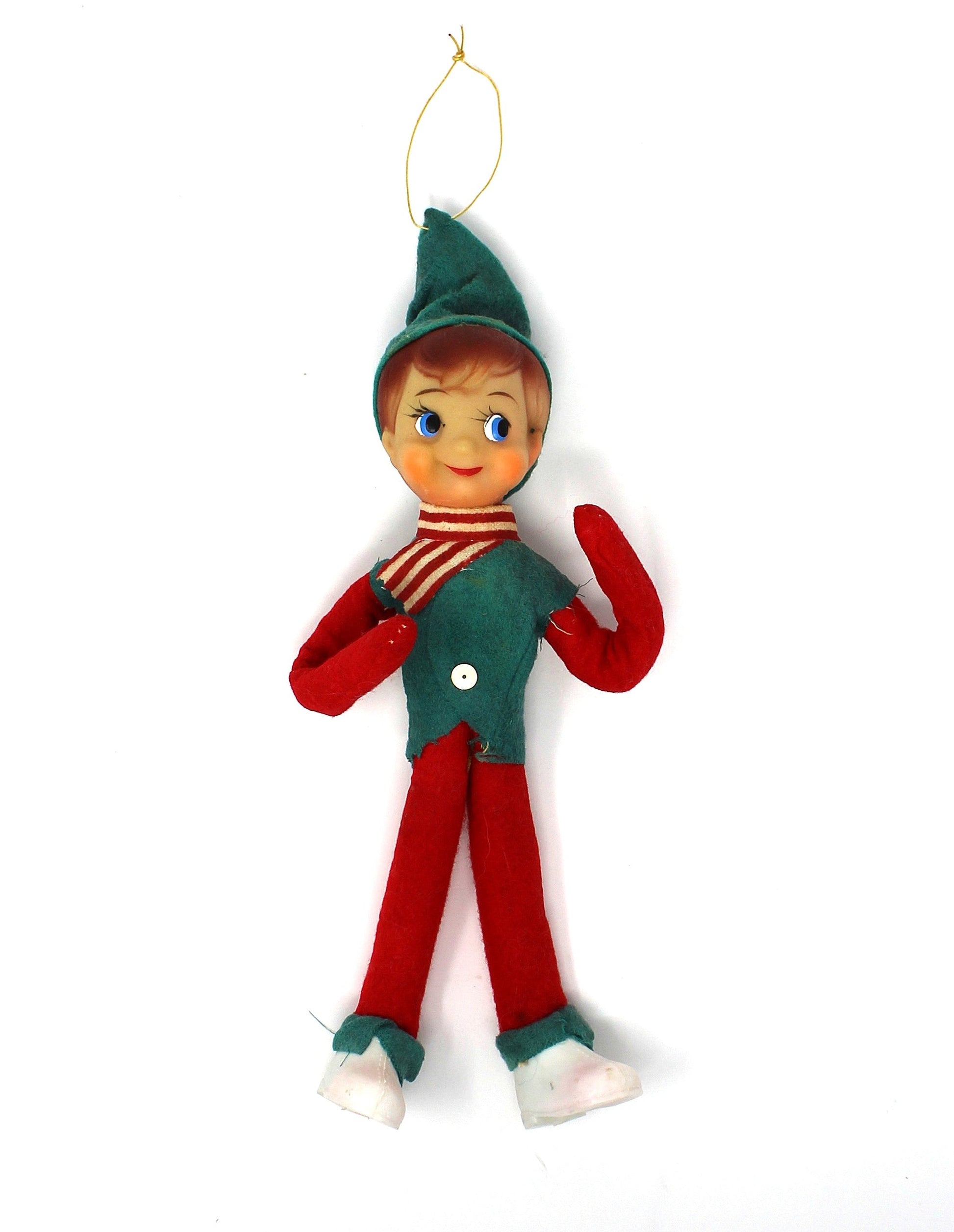 Vintage Christmas Elf / Pixie Ornament. Large, with Green and Red Felt and Hand Painted Face.  RARE, Mid Century, Japan Imports, Holiday Kitsch 