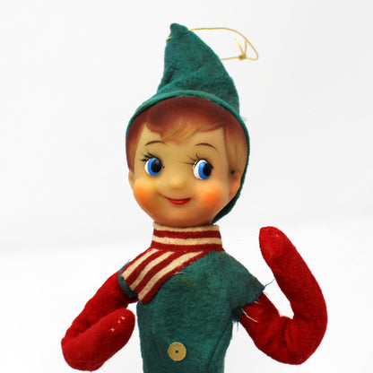 Ornaments, Pixie Elf Felt Doll, Christmas Red & Green with Blow Mold Shoes, Kitsch, Vintage