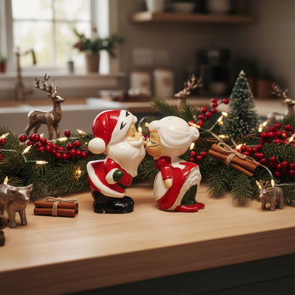 Salt and Pepper Shakers, Kissing Santa & Mrs Claus, Hand Painted, Mid Century Collectible 7662, Vintage