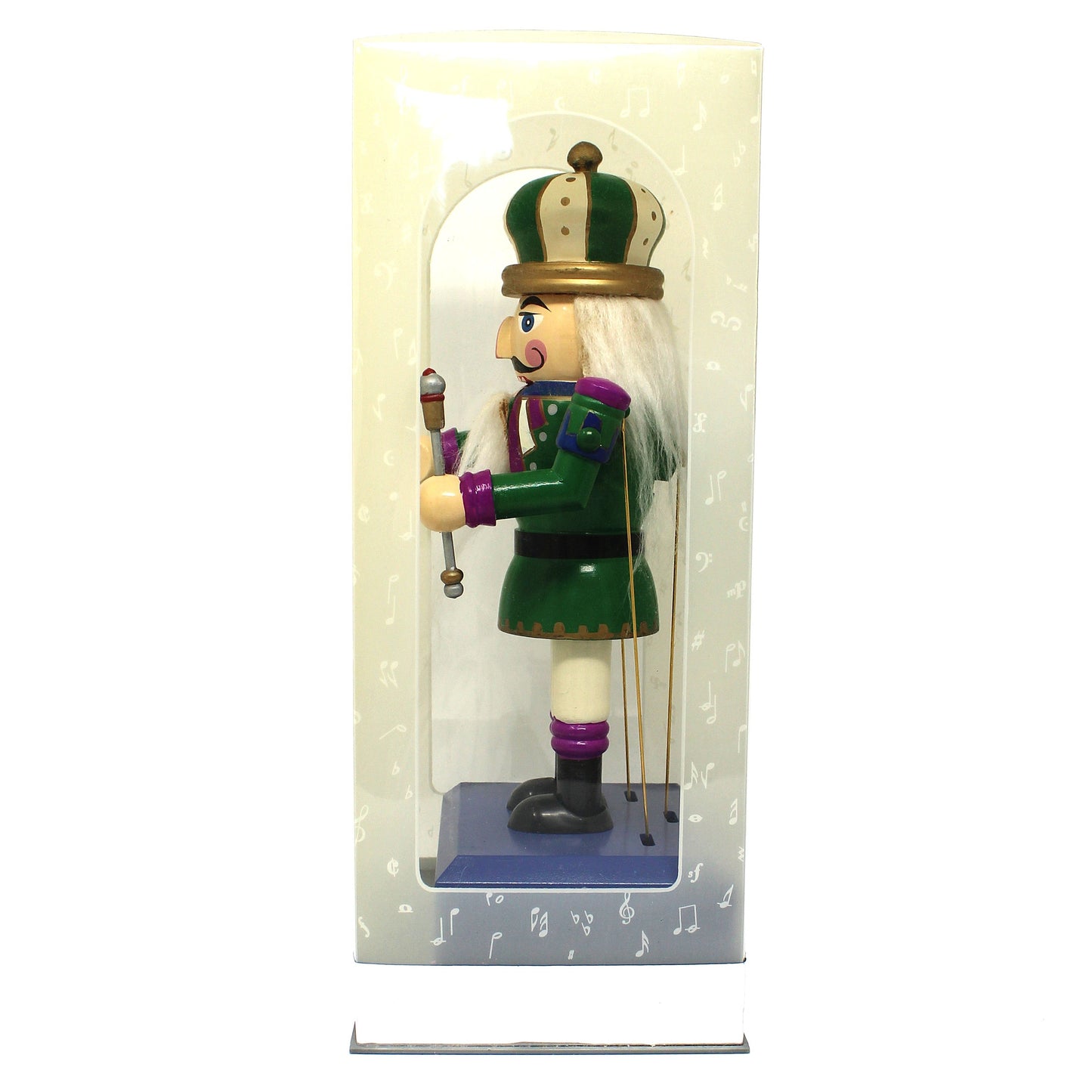 Musical Figurine, Wooden Nutcracker, King, Plays "The Nutcracker Suite", Green / Purple, Original Box, Vintage