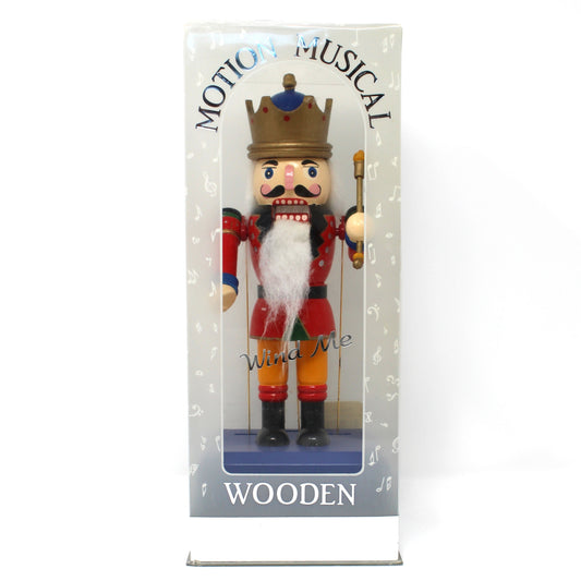 Vintage Musical Nutcracker King.  Christmas Animated Motion Musical Wind Up. Plays "The Parade of the Wooden Soldier", Unused, Traditional Wooden Nutcracker.