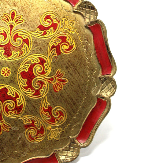 Tray, Italian Florentine, Red and Gold, 13.5" Round, Vintage