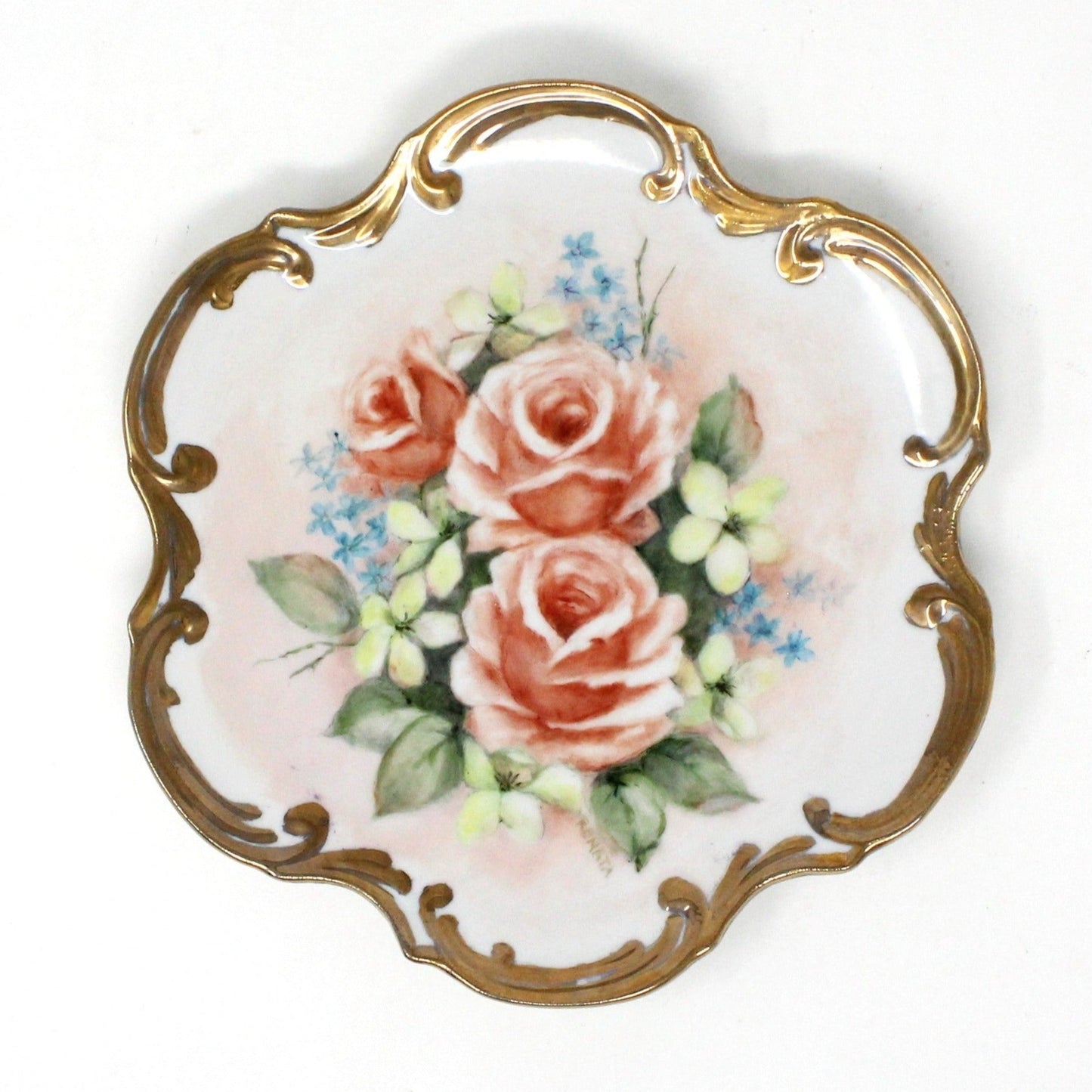 Decorative Plate, Hand Painted Pink Roses & Forget Me Nots, Signed, Vintage