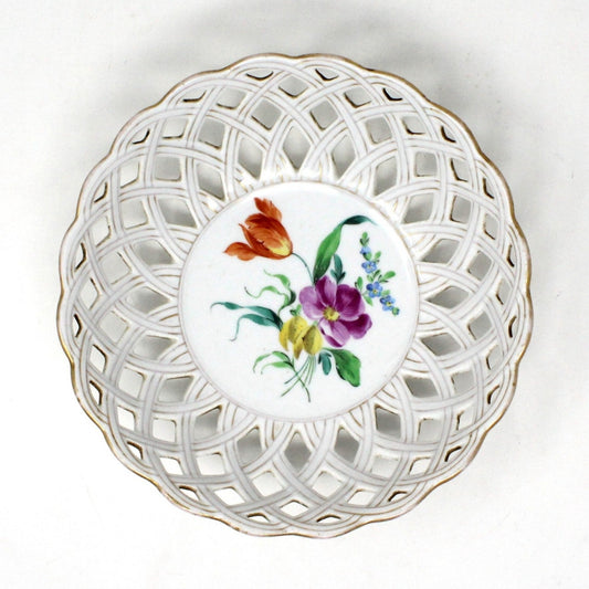 Decorative Bowl, B&P Wurttemberg, Bauer & Pfeiffer, Hand Painted Florals, Pierced, Antique