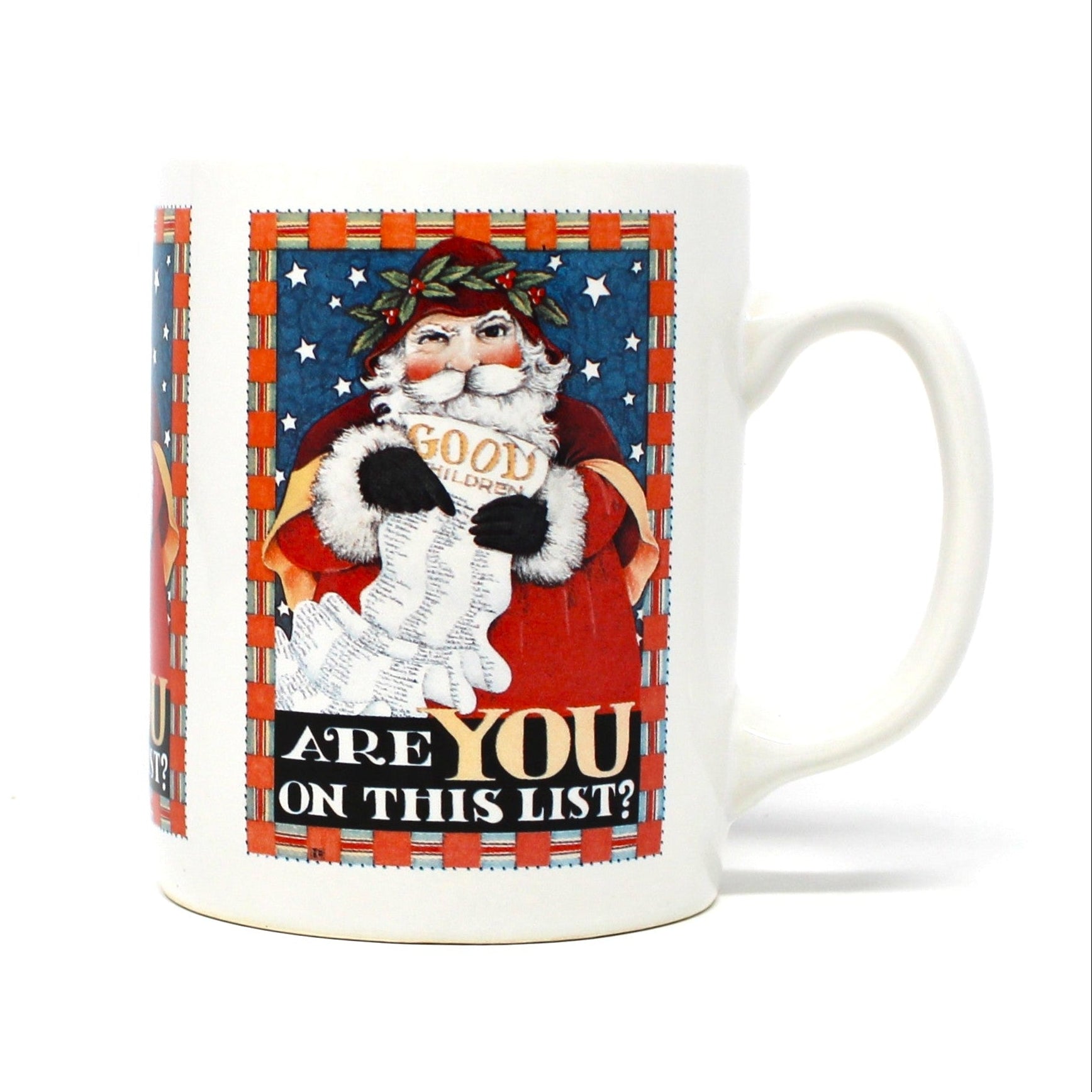 Vintage Christmas Mug, Mary Engelbreit Santa Claus Design, "Are You on this List?".  Novelty Coffee Mug, Holiday Collectible.