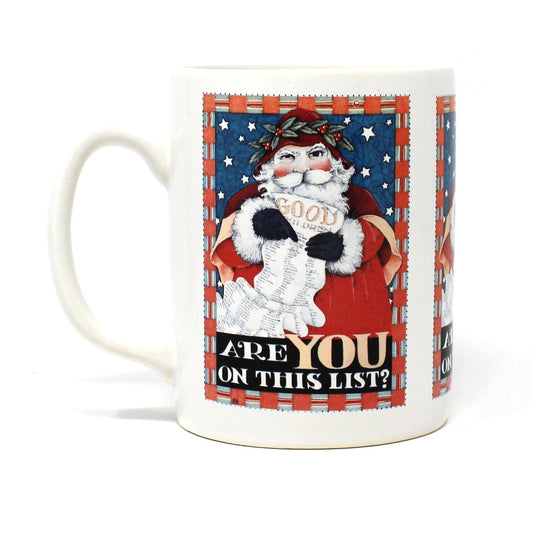 Vintage Christmas Mug, Mary Engelbreit Design. Santa Claus with Good List, "Are You on this List?" Novelty Coffee Mug Collectors.  