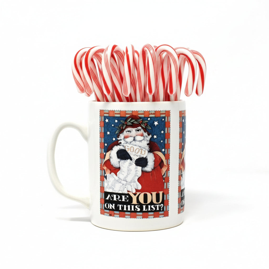 Mug, Mary Engelbreit, Christmas Coffee Mug, Santa Claus "Are you on this List?", Ceramic, Vintage, 1993