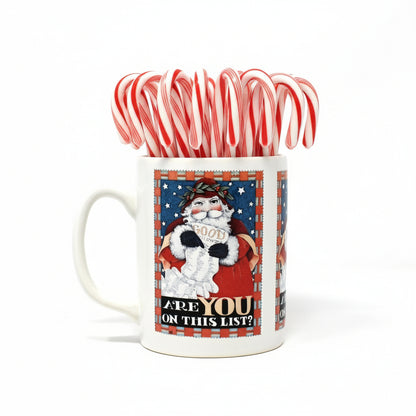 Mug, Mary Engelbreit, Christmas Coffee Mug, Santa Claus "Are you on this List?", Ceramic, Vintage, 1993