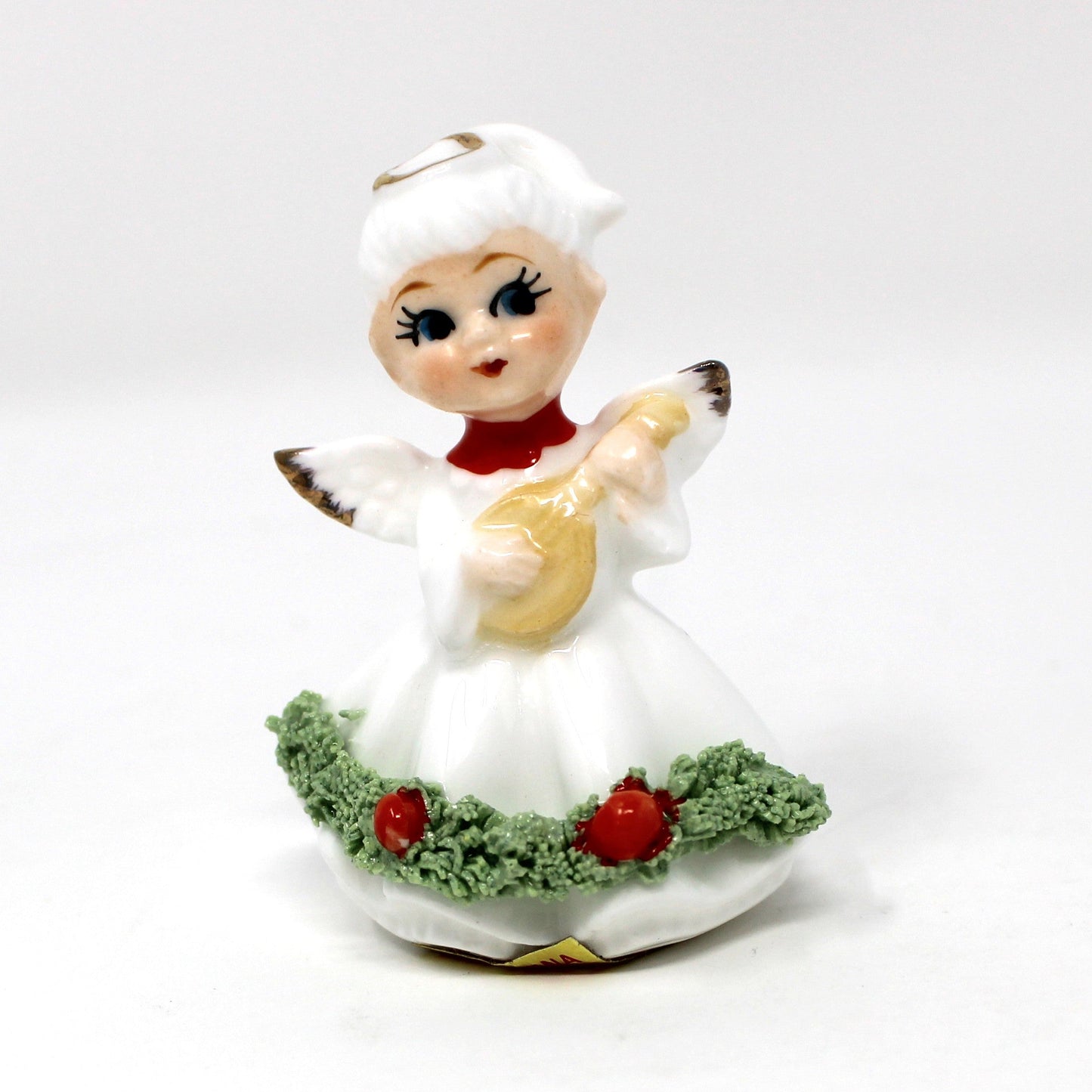 Figurines, Napcoware, Christmas Angel Playing Mandolin, Miniature Bone China Spaghetti, Taiwan, Vintage
