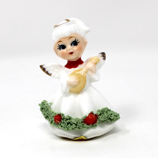 Figurines, Napcoware, Christmas Angel Playing Mandolin, Miniature Bone China Spaghetti, Taiwan, Vintage