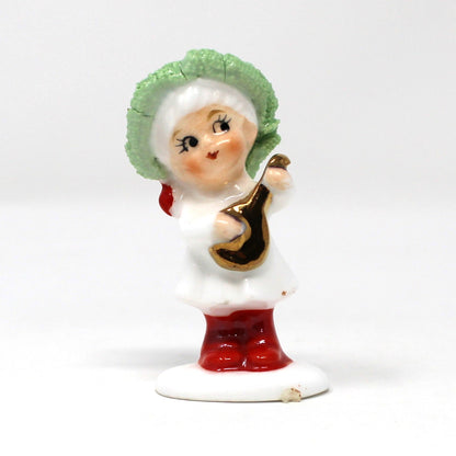 Figurines, Napcoware, Christmas Boy Playing Mandolin, Miniature Bone China Spaghetti, Taiwan, Vintage