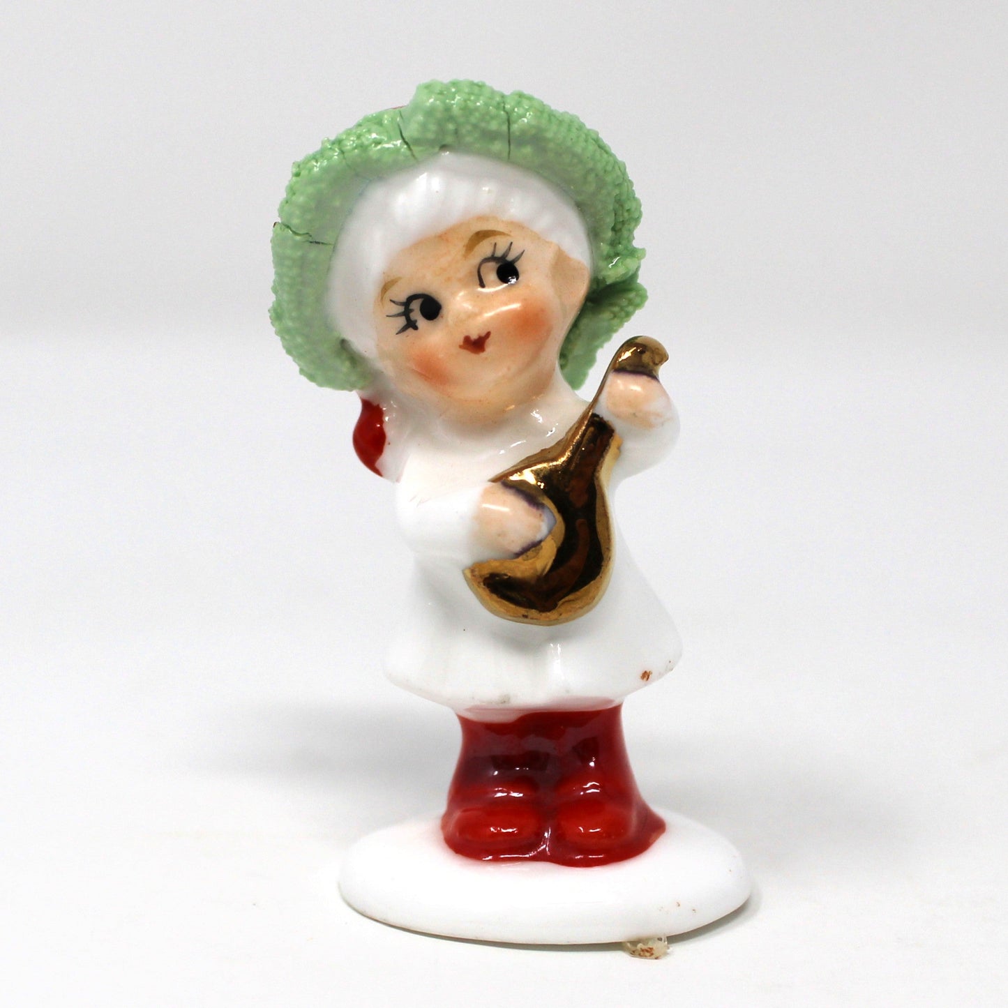 Figurines, Napcoware, Christmas Boy Playing Mandolin, Miniature Bone China Spaghetti, Taiwan, Vintage