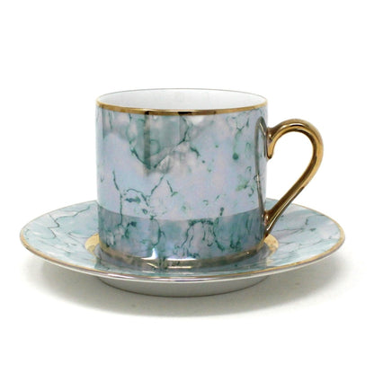 Demitasse & Saucer, Iridescent Marbled Blue Design, Vintage Japan