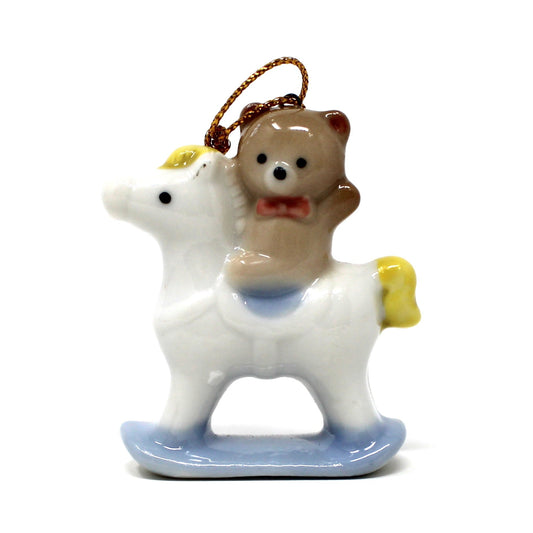 Ornaments, Russ, Miniature Teddy Bear on Rocking Horse, Japan Porcelain, Vintage 1980