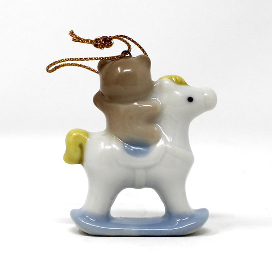 Ornaments, Russ, Miniature Teddy Bear on Rocking Horse, Japan Porcelain, Vintage 1980