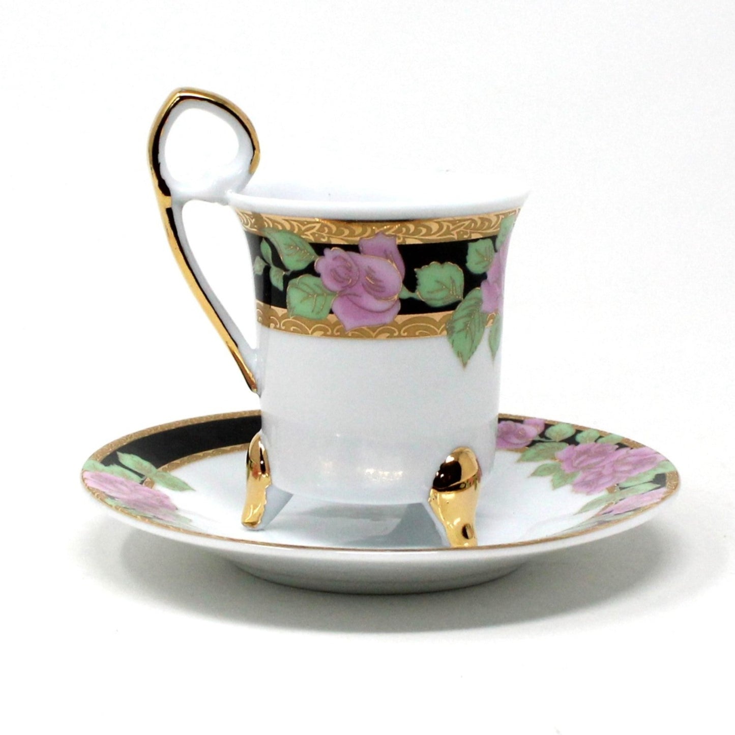 Demitasse & Saucer, GNA, Pink Roses with Black Border, Italian Porcelain, Vintage