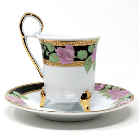 Demitasse & Saucer, GNA, Pink Roses with Black Border, Italian Porcelain, Vintage