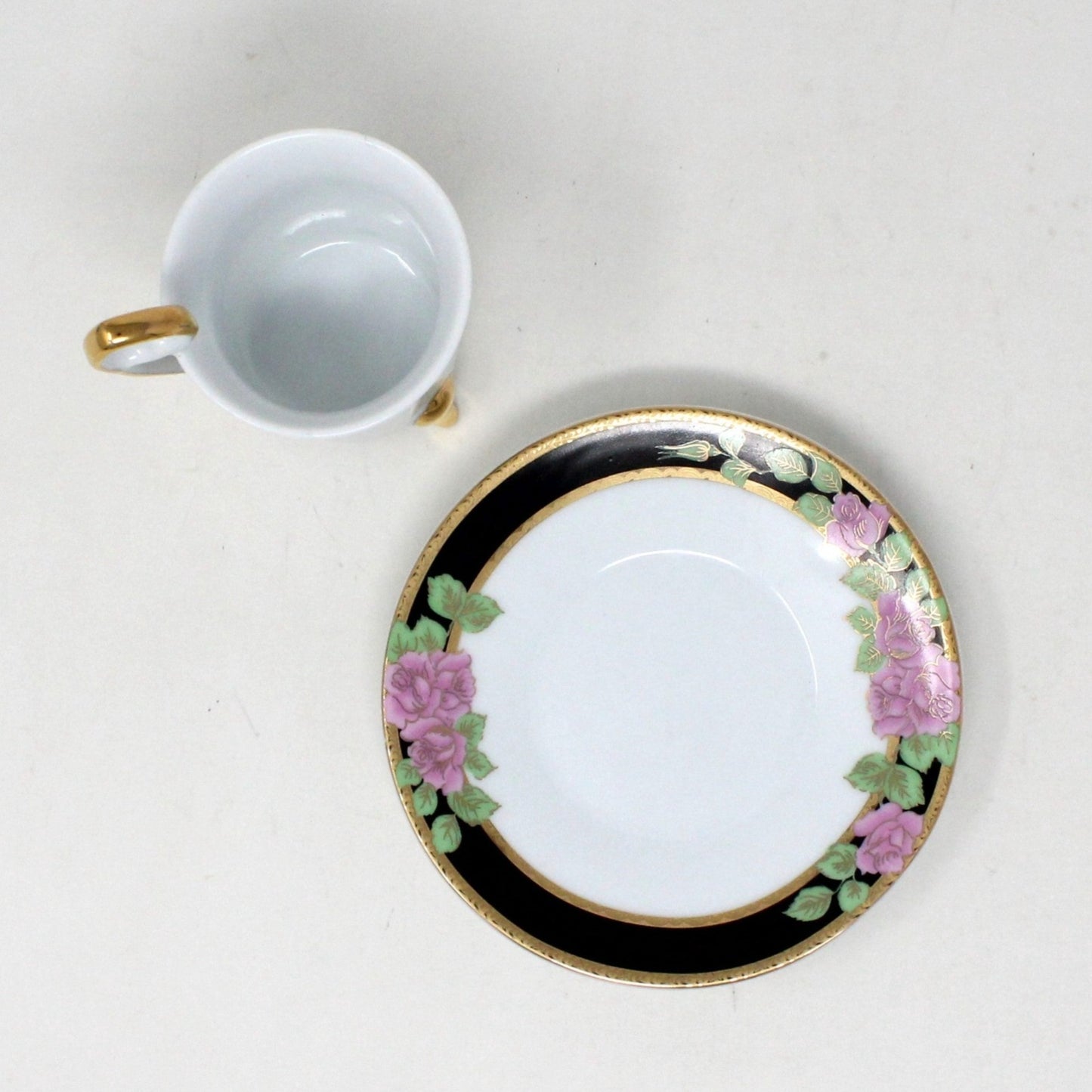 Demitasse & Saucer, GNA, Pink Roses with Black Border, Italian Porcelain, Vintage