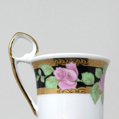 Demitasse & Saucer, GNA, Pink Roses with Black Border, Italian Porcelain, Vintage