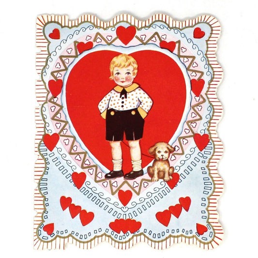 Greeting Card / Valentine Card, Boy with Puppy & Girl with Flower, Vintage