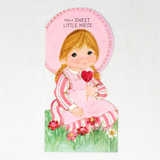 Greeting Card / Valentine Card, For Niece, Girl with Pink Hat Holding Heart, Vintage