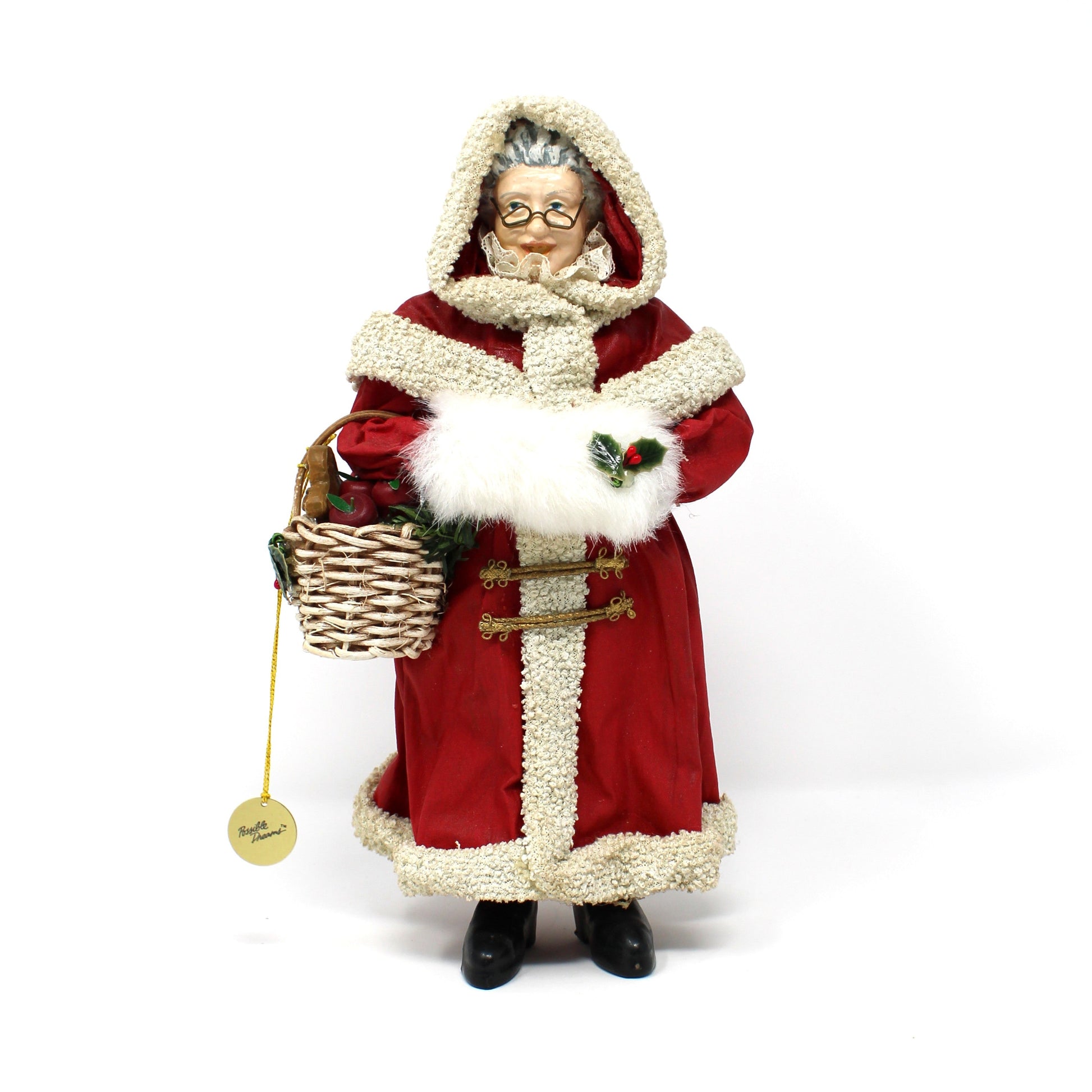 Vintage Figurine, Christmas Mrs Claus with Basket, from the Possible Dreams Clothtique Collection, Hand Painted Holiday Decor, Retired.