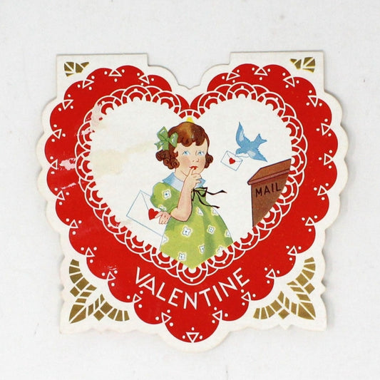 Greeting Card / Valentine Card, Girl with Love Letter, Vintage 1930's