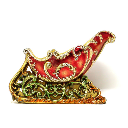 Decorative Victorian Sleigh Centerpiece, Christmas Tabletop Gold, Red, Green Scrolls, Holiday Decor, Vintage