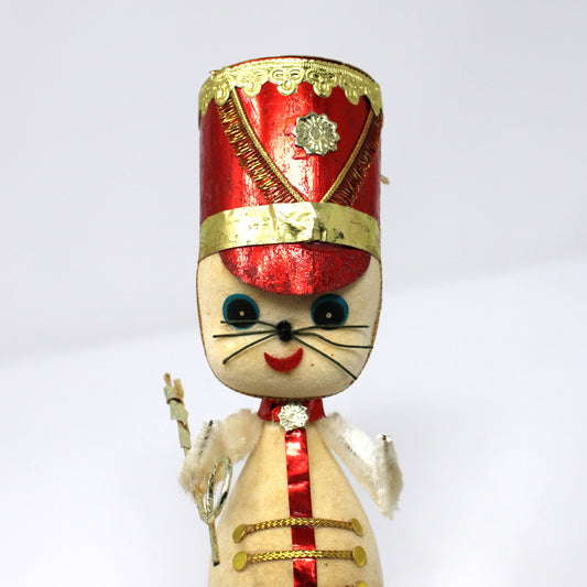 Ornaments, Toy Solider Mouse / Marching Band Leader, Anthropomorphic Christmas Flocked, Kitsch, Vintage