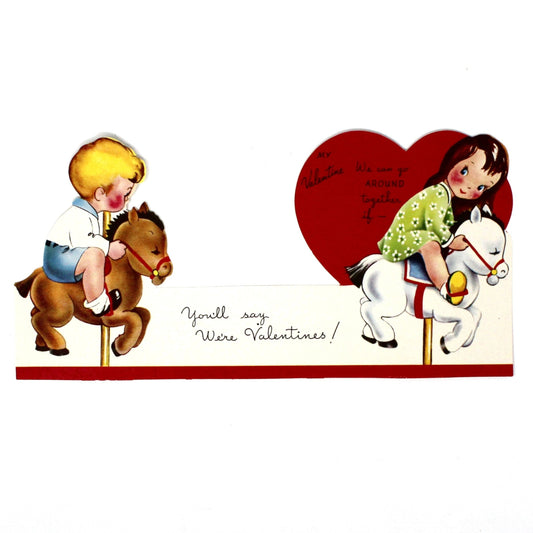 Greeting Card / Valentine Card, A-Meri-Card, Fold Up, Boy & Girl Riding Carousel, Unused, Vintage, SOLD