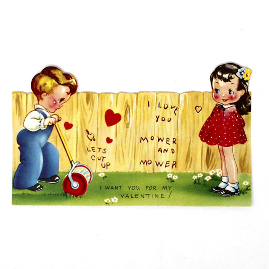 Greeting Card / Valentine Card, A-Meri-Card, Fold Up, Boy & Girl with Lawn Mower, Unused, Vintage