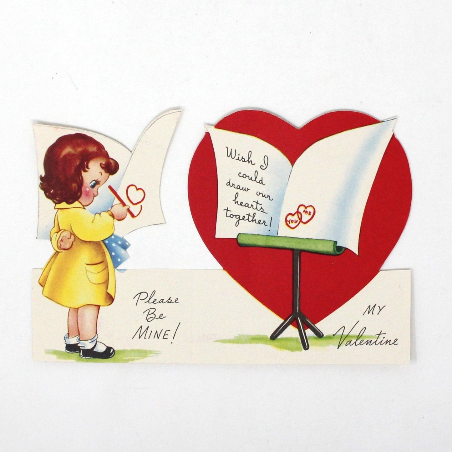 Greeting Card / Valentine Card, A-Meri-Card, Fold Up, Girl Artist Drawing Hearts in Yellow Smock, Unused, Vintage