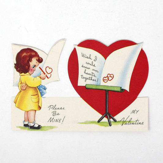 Greeting Card / Valentine Card, A-Meri-Card, Fold Up, Girl Artist Drawing Hearts in Yellow Smock, Unused, Vintage