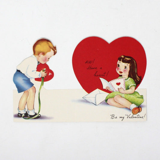 Greeting Card / Valentine Card, A-Meri-Card, Fold Up, Boy & Girl with Red Hearts, Unused, Vintage
