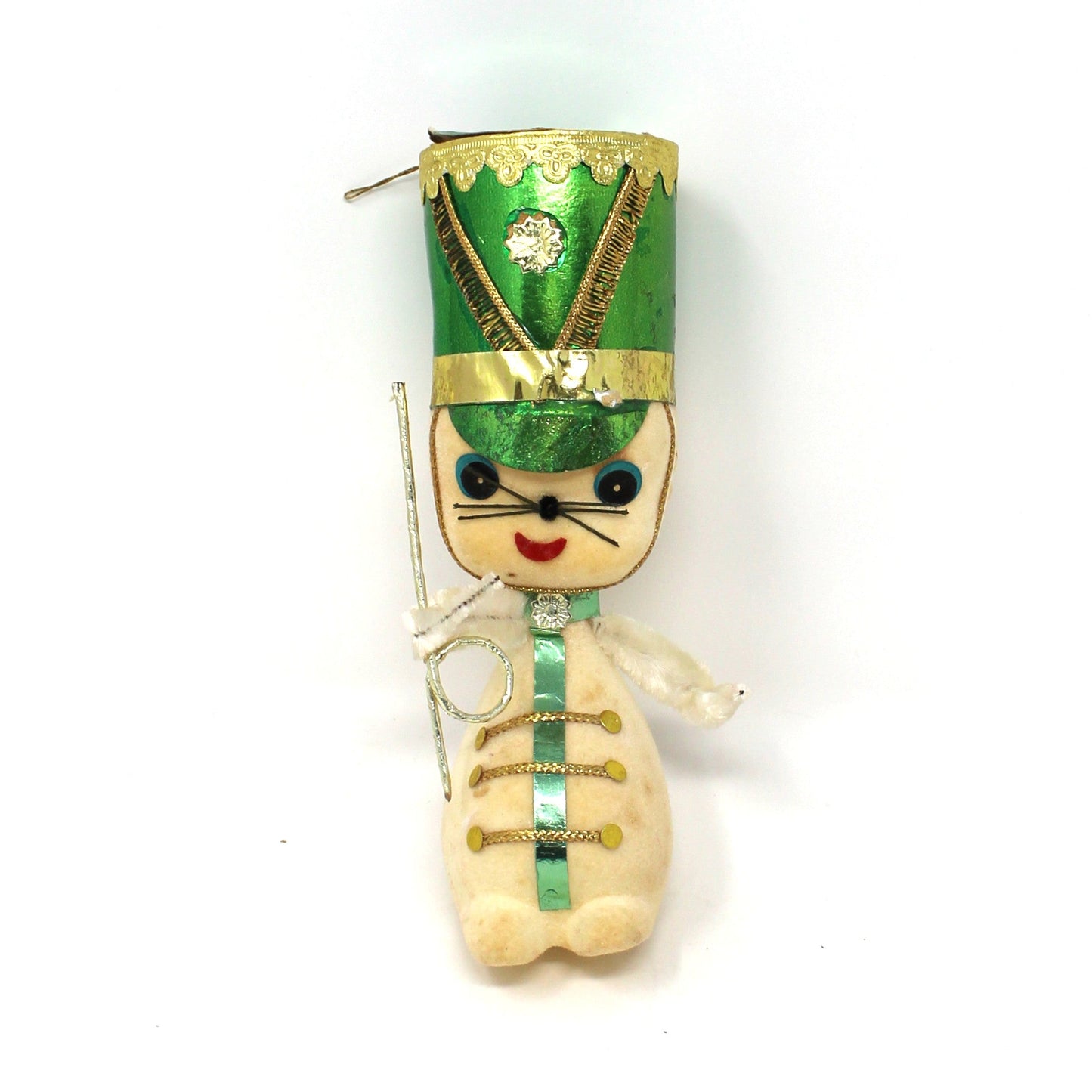 Vintage Christmas Ornament, Toy Solider Mouse / Marching Band Leader RARE, Anthropomorphic, Flocked Mid Century, Holiday Kitsch Tree Decor, Collectible.  