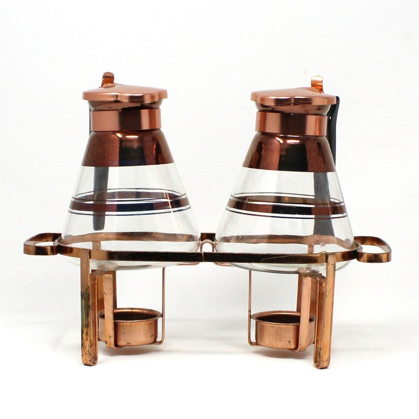 Carafe / Coffee Server, Twin Syrup Pitchers & Warmers, Inland Glass, MCM Copper, Vintage