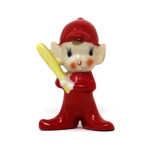 Vintage Christmas Figurine, Miniature Sports Pixie / Elf Holding Baseball Bat, Hand Painted Porcelain, Japan Imports, Mid Century Collectibles, Retro Kitsch