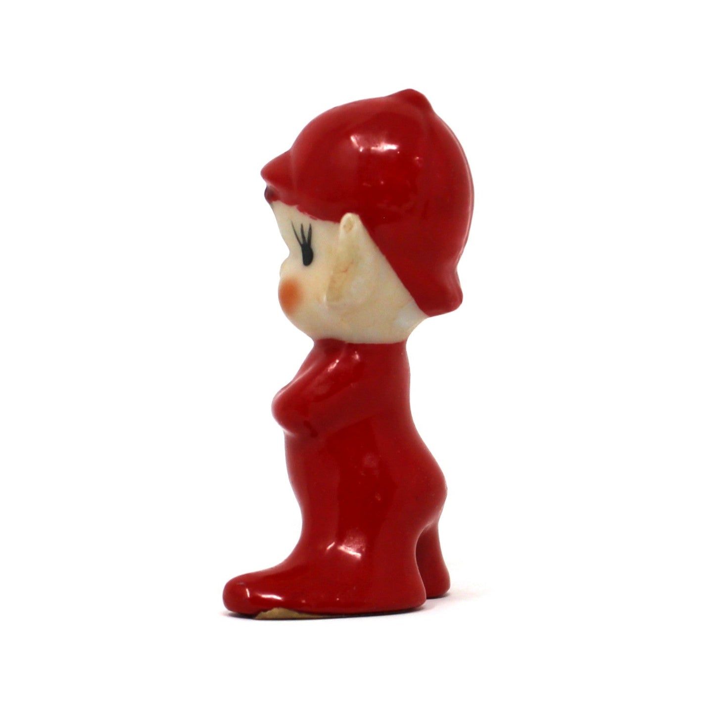 Figurines, Christmas Sports Pixie / Elf with Baseball Bat, Red Suit, Miniature Porcelain, Vintage