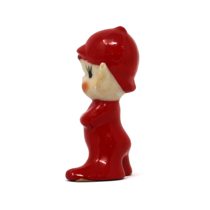 Figurines, Christmas Sports Pixie / Elf with Baseball Bat, Red Suit, Miniature Porcelain, Vintage