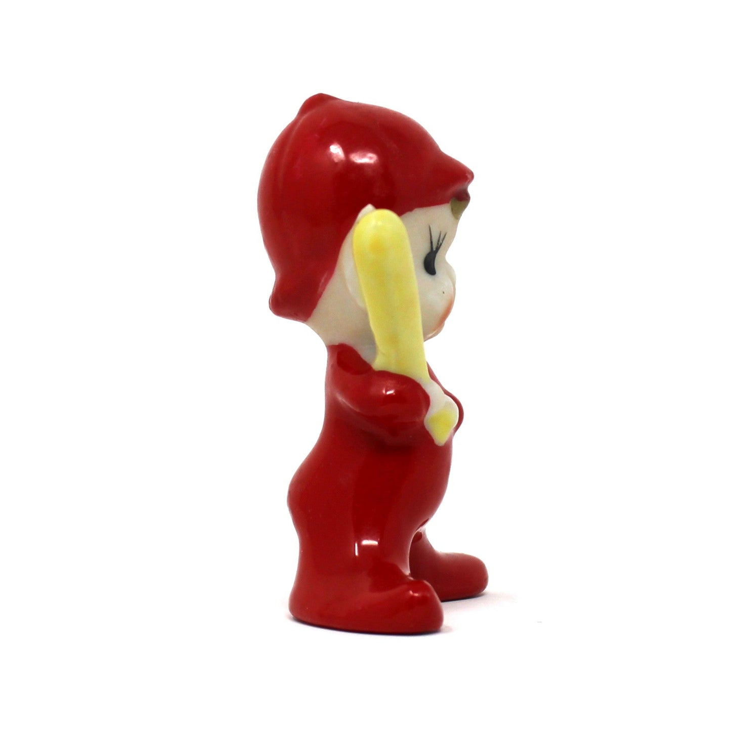 Figurines, Christmas Sports Pixie / Elf with Baseball Bat, Red Suit, Miniature Porcelain, Vintage
