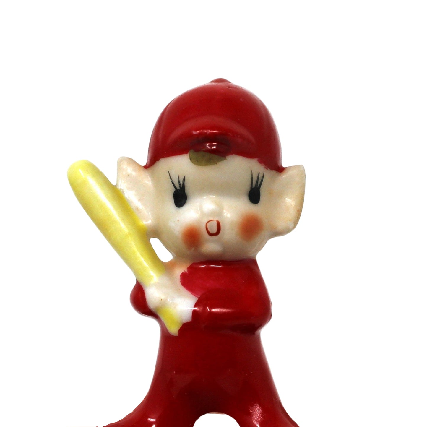 Figurines, Christmas Sports Pixie / Elf with Baseball Bat, Red Suit, Miniature Porcelain, Vintage