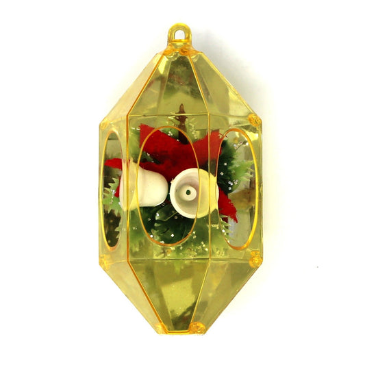 Vintage Mid Century Ornament, Jewelbrite Diorama, Christmas Bells & Holly, Yellow Hexagon, Plastic