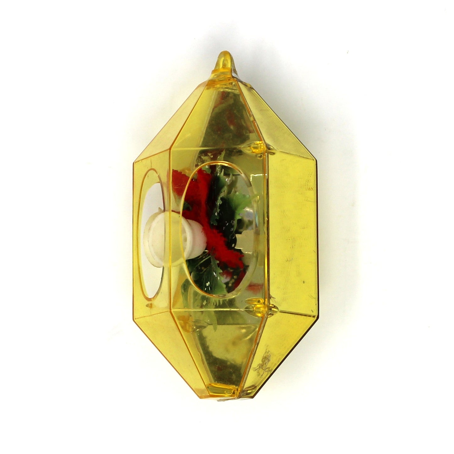 Ornaments, Jewelbrite Diorama, Christmas Bells & Holly, Yellow Hexagon, Mid Century Vintage