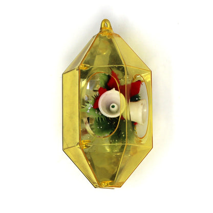 Ornaments, Jewelbrite Diorama, Christmas Bells & Holly, Yellow Hexagon, Mid Century Vintage
